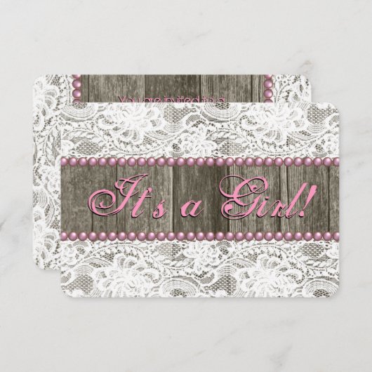 バ素朴ンウッドピンク真珠とレース赤ちゃんシャワー 招待状 (正面/裏面)