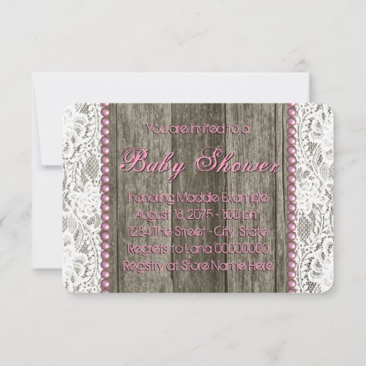 バ素朴ンウッドピンク真珠とレース赤ちゃんシャワー 招待状 (裏面)