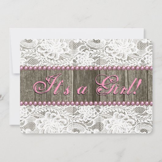バ素朴ンウッドピンク真珠とレース赤ちゃんシャワー 招待状 (正面)