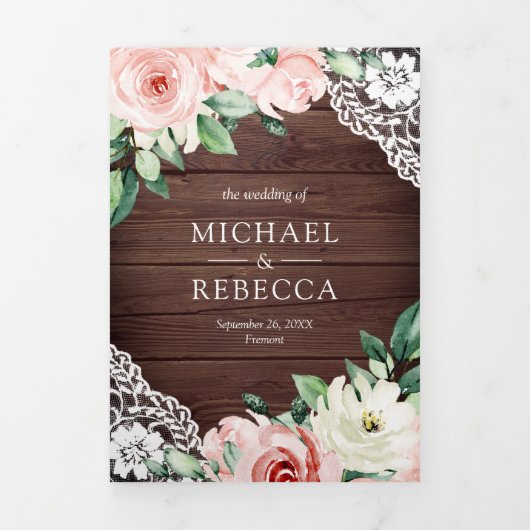 バ素朴ンウッドピーチフローラレースQRコード結婚ズ 三つ折り招待状 (カバー)