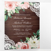 バ素朴ンウッドピーチフローラレースQRコード結婚ズ 三つ折り招待状 (内部最初)