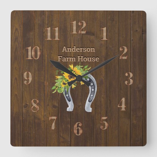 バ素朴ンウッドファームハウスホースシューひまわり スクエア壁時計 (正面)