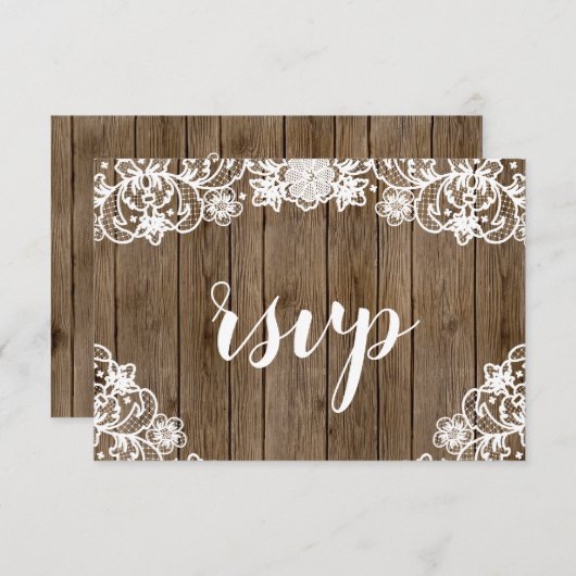 バ素朴ンウッドホワイトレース書道結婚ズ 出欠カード (正面/裏面)