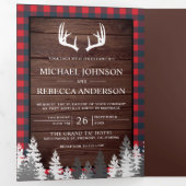 バ素朴ンウッドレッドバッファロープレイド〔雄ジカの〕枝角結婚ズ 三つ折り招待状 (内部最初)