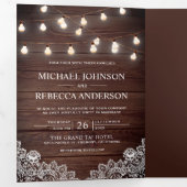 バ素朴ンウッドレースストリングライトフォトズ結婚ズ 三つ折り招待状 (内部最初)