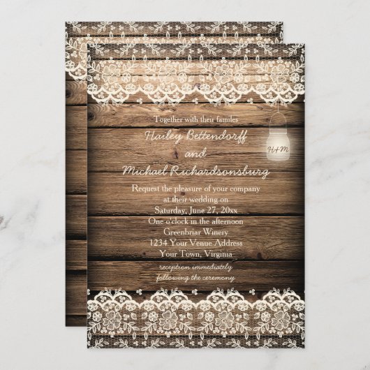 バ素朴ンウッドレースメイソンジャー結婚ズ 招待状 (正面/裏面)
