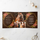 バ素朴ンウッド燃えたオレンジ色のフローラフレ結婚ーム 三つ折り招待状 (内部)