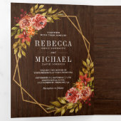 バ素朴ンウッド燃えたオレンジ色のフローラフレ結婚ーム 三つ折り招待状 (内部最初)