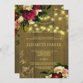 バ素朴ンウッド金ゴールドライトフローラブライダルシャワー 招待状 (正面/裏面)