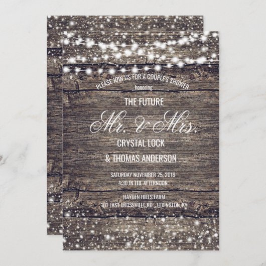 バ素朴ンウッド雪の結晶ウィンターカップルのシャワー 招待状 (正面/裏面)