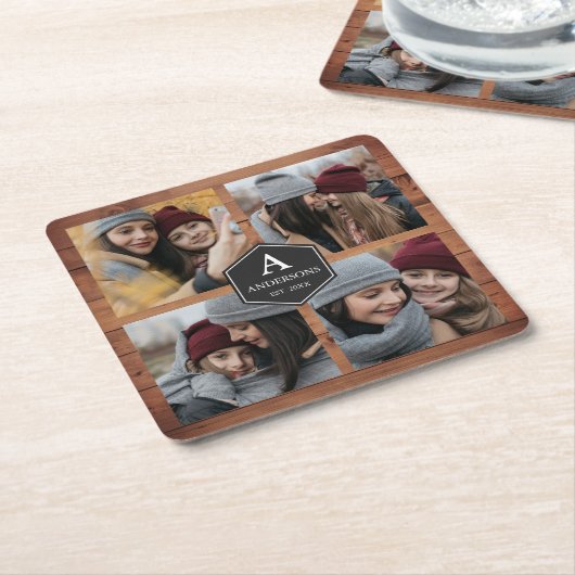 バ素朴ンウッド4写真ファミリーフォトコラージュ スクエアペーパーコースター (アングル)
