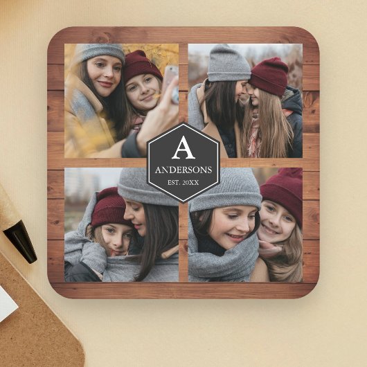 バ素朴ンウッド4写真ファミリーフォトコラージュ スクエアペーパーコースター