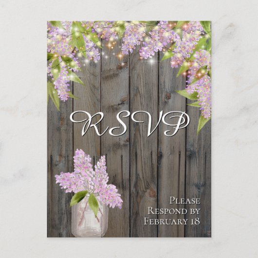 バ素朴ンウッド&ライツウェディングRSVP付きライラック ポストカード (正面)