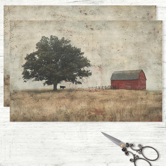 バ素朴ンオークの木と牛の絵画デコペ 薄葉紙