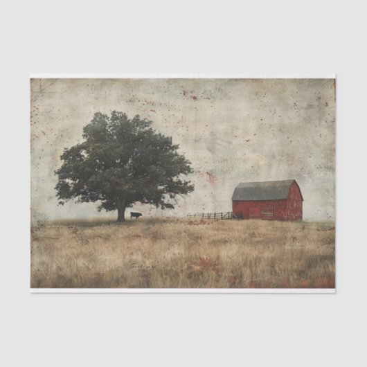 バ素朴ンオークの木と牛の絵画デコペ 薄葉紙 (正面)