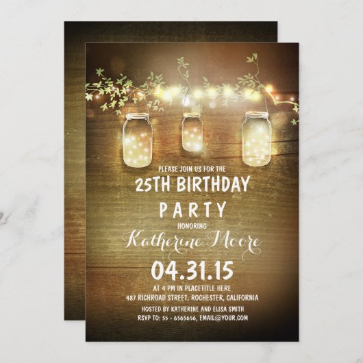 バ素朴ンストリングライトメイソンジャースバースデーパーティー 招待状 (正面/裏面)