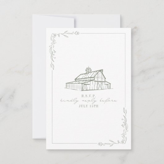 バ素朴ンセージグリーンホワイトウェディングRSVP 出欠カード (正面)