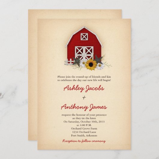 バ素朴ンファームカントリーサンフラワーデイジー結婚ズ 招待状 (正面/裏面)
