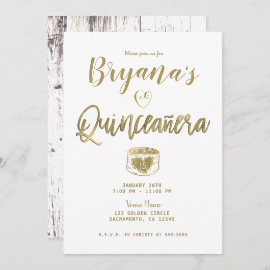 バ素朴ンホワイトウッド金ゴールド15キンセアニラ 招待状 (正面/裏面)