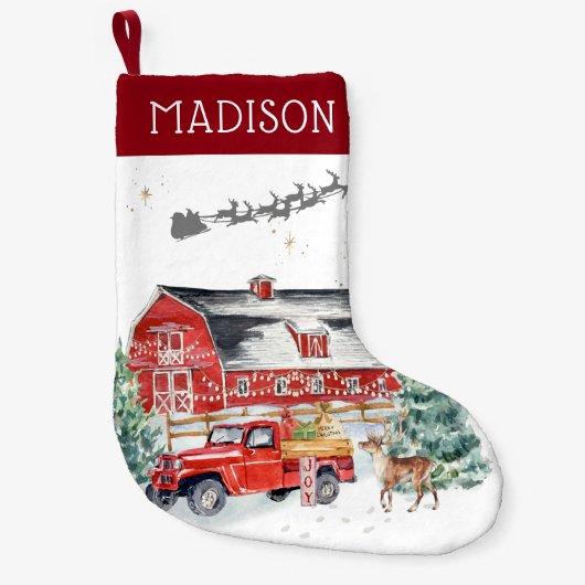 バ素朴ンヴィンテージレッドファームハウストラックモノグラム スモールクリスマスストッキング (正面)