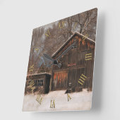 バ素朴ン&コテージヴィンテージスノーシーン スクエア壁時計 (傾斜)