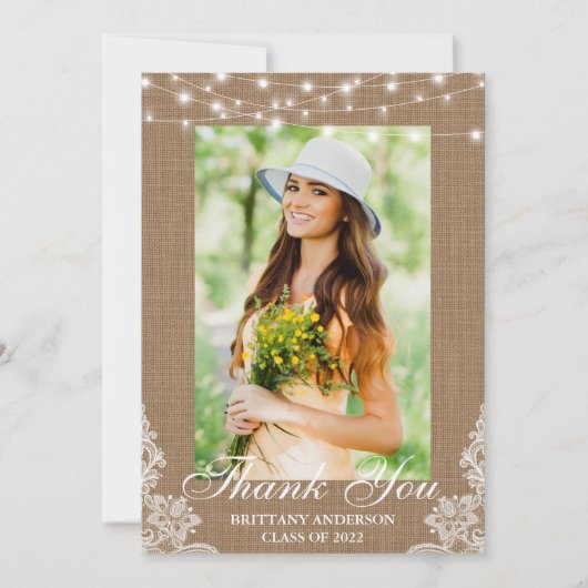 バ素朴ーラップレースのひも付きライトの写真卒業 サンキューカード (正面)