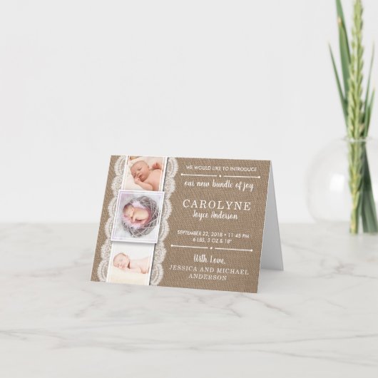 バ素朴ーラップ&レース |写真誕生のお知らせ シーズンカード (正面)