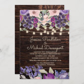 バ素朴ーンウッドストリングライトパープルピンクフローラ 招待状 (正面/裏面)
