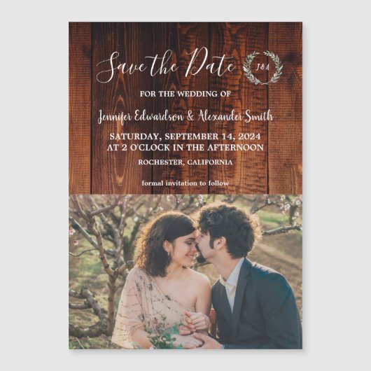 バ素朴ーン木モノグラム写真Dateを保存 マグネット招待状 (正面)