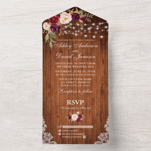 バ素朴ー結婚グンディフローラウッドライトレース オールインワン招待状 (内側)