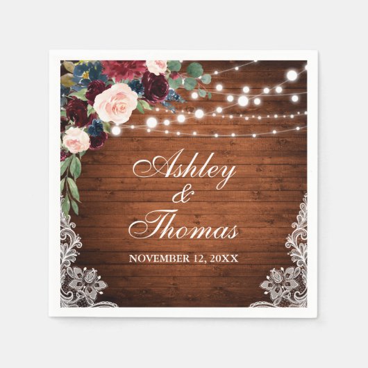 バ素朴ー結婚グンディブルーフローラレース スタンダードカクテルナプキン (正面)