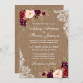 バ素朴ー結婚ラップバーガンディフローラレース招待状 招待状 (正面/裏面)