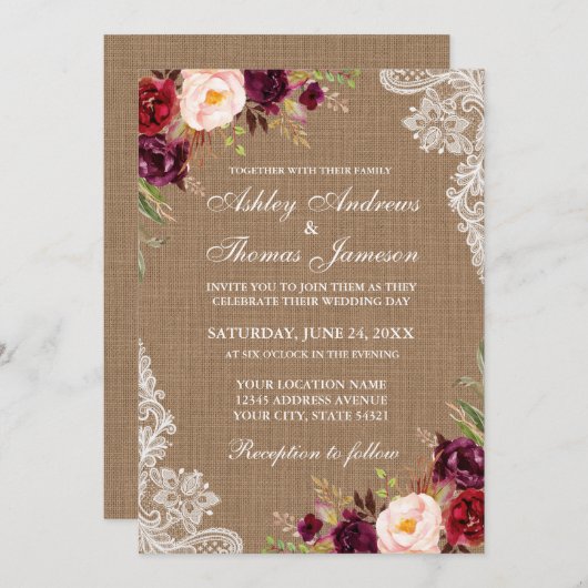バ素朴ー結婚ラップバーガンディフローラレース招待状 招待状 (正面/裏面)