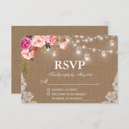 バ素朴ー結婚ラップフローラライツジャースレースRSVP 出欠カード (正面/裏面)