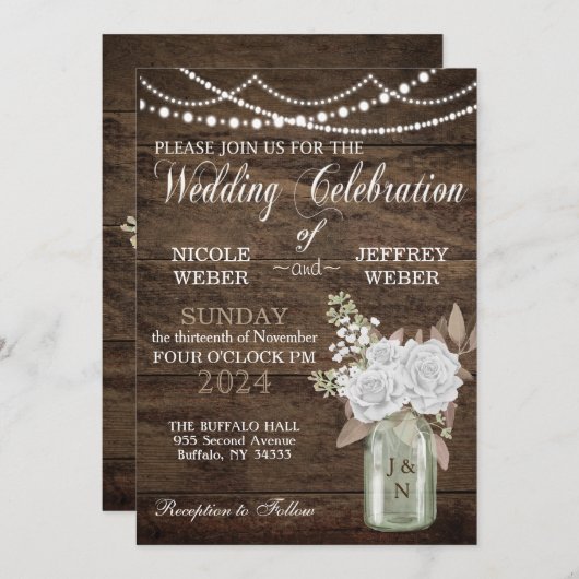 バ素朴ー結婚ンのウッドメイソンジャーフローラ 招待状 (正面/裏面)