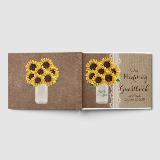 バ素朴ー結婚ンのバーラップメイソン瓶ひまわり花 ゲストブック (全面)