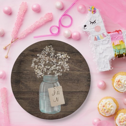 バ素朴ー結婚ンの木のメイソンの瓶バビーズブレス ペーパープレート (パーティー)