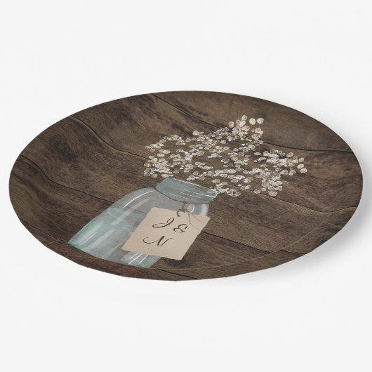 バ素朴ー結婚ンの木のメイソンの瓶バビーズブレス ペーパープレート (アングル)