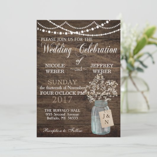 バ素朴ー結婚ンの木のメイソンの瓶バビーズブレス 招待状 (スタンド正面)