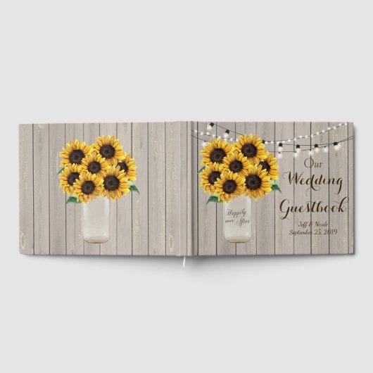 バ素朴ー結婚ンの木のメイソン瓶ひまわり花 ゲストブック (全面)