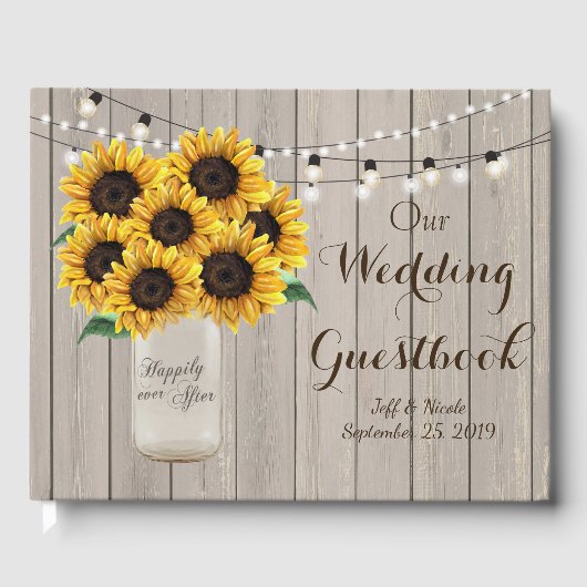バ素朴ー結婚ンの木のメイソン瓶ひまわり花 ゲストブック (正面)