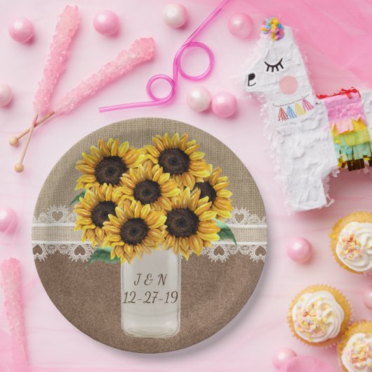 バ素朴ー結婚ンの木のメイソン瓶ひまわり花 ペーパープレート (パーティー)