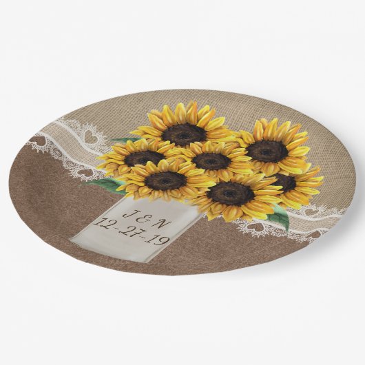 バ素朴ー結婚ンの木のメイソン瓶ひまわり花 ペーパープレート (アングル)