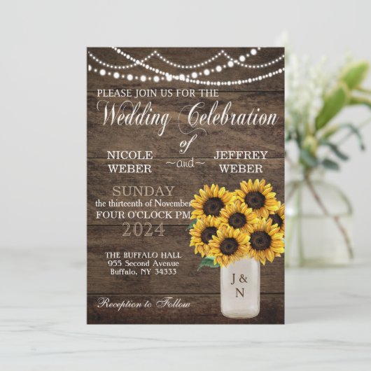バ素朴ー結婚ンの木のメイソン瓶ひまわり 招待状 (スタンド正面)