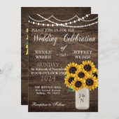 バ素朴ー結婚ンの木のメイソン瓶ひまわり 招待状 (正面/裏面)