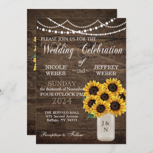 バ素朴ー結婚ンの木のメイソン瓶ひまわり 招待状 (正面/裏面)