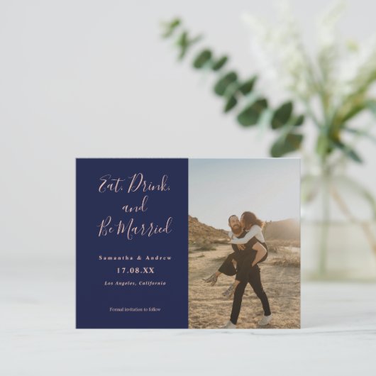 バ食べイドリンク2枚結婚したの写真ネイビー日付を保存 ポストカード (スタンド正面)