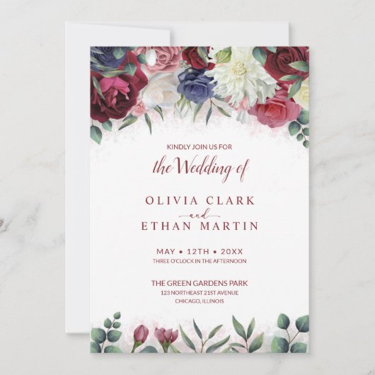 バ鮮やかルガンディ・マルサラ海軍ピンクフローラズ結婚ズ 招待状 (正面)