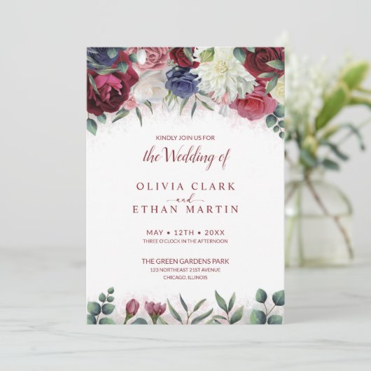 バ鮮やかルガンディ・マルサラ海軍ピンクフローラズ結婚ズ 招待状 (スタンド正面)