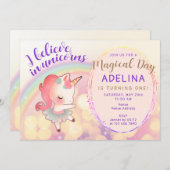 パお洒落ステル信じイン・イン・ユニコーン第1誕生日 招待状 (正面/裏面)